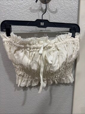 Free People Cream Smocked Strapless Top with Ruffle Trim and Front Tie